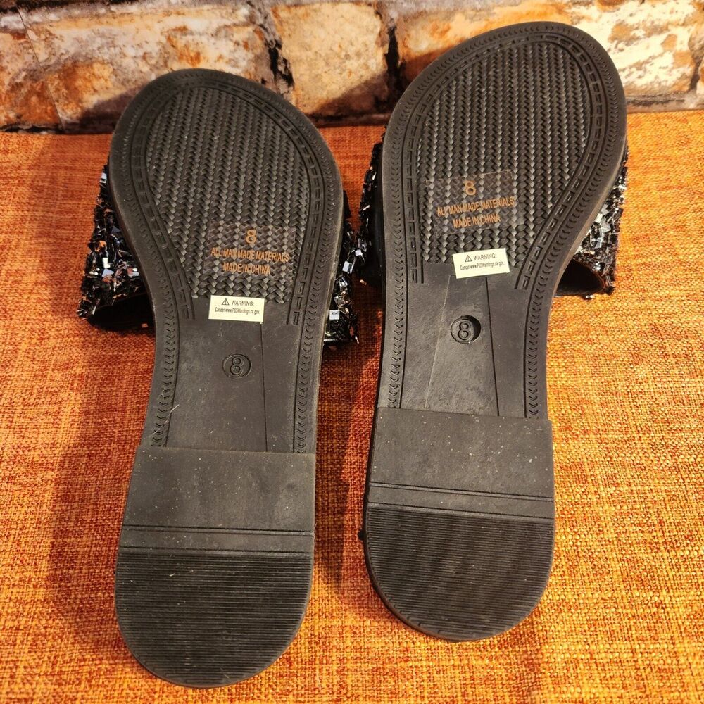 H2K Womens Glitter Bling Fancy Slide Flat Low Wedge Sparkle Sandals Shoes Black - Picture 5 of 7